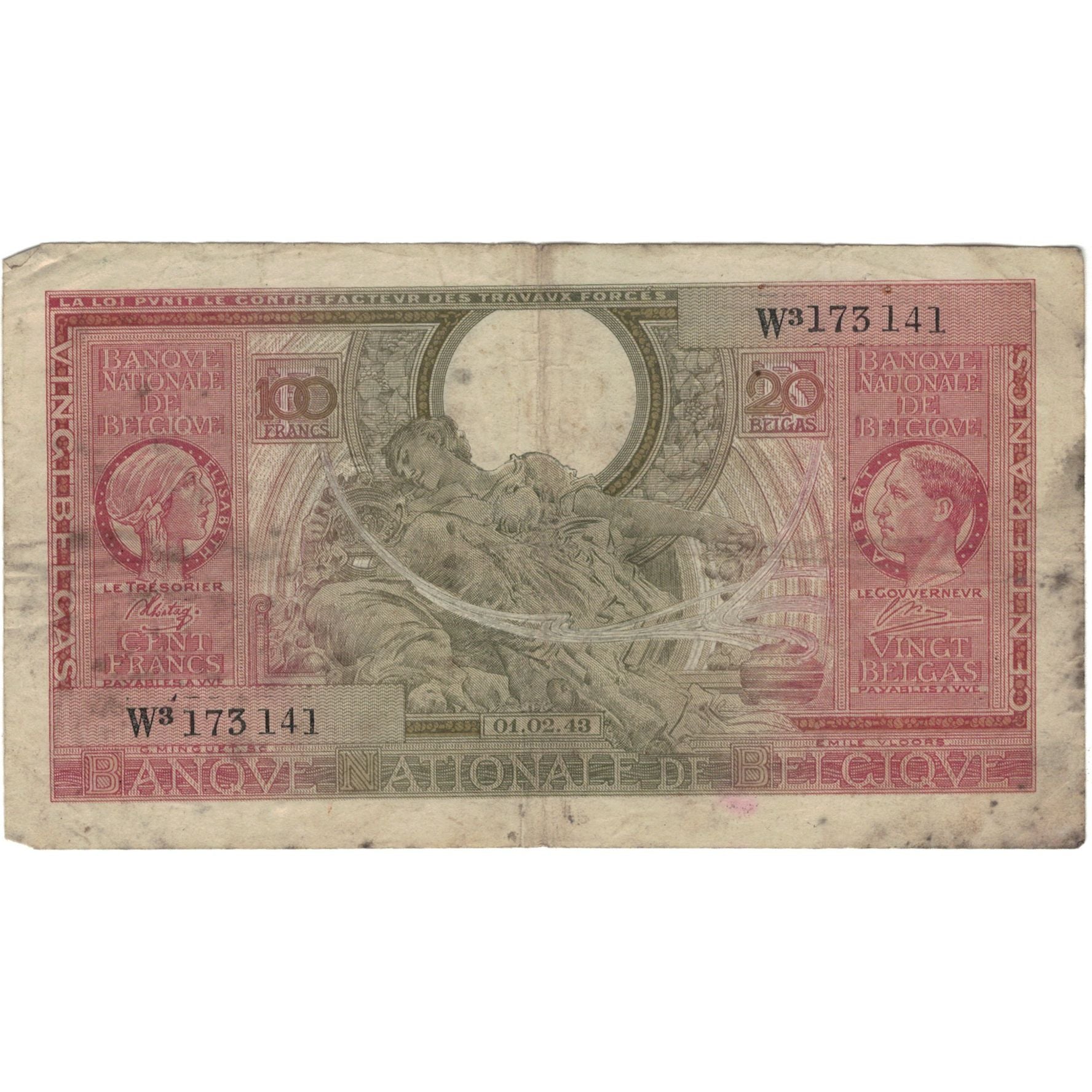 Banknote, Belgium, 100 Francs-20 Belgas, 1943, 1943-02-01, KM:123, VF(20-25)