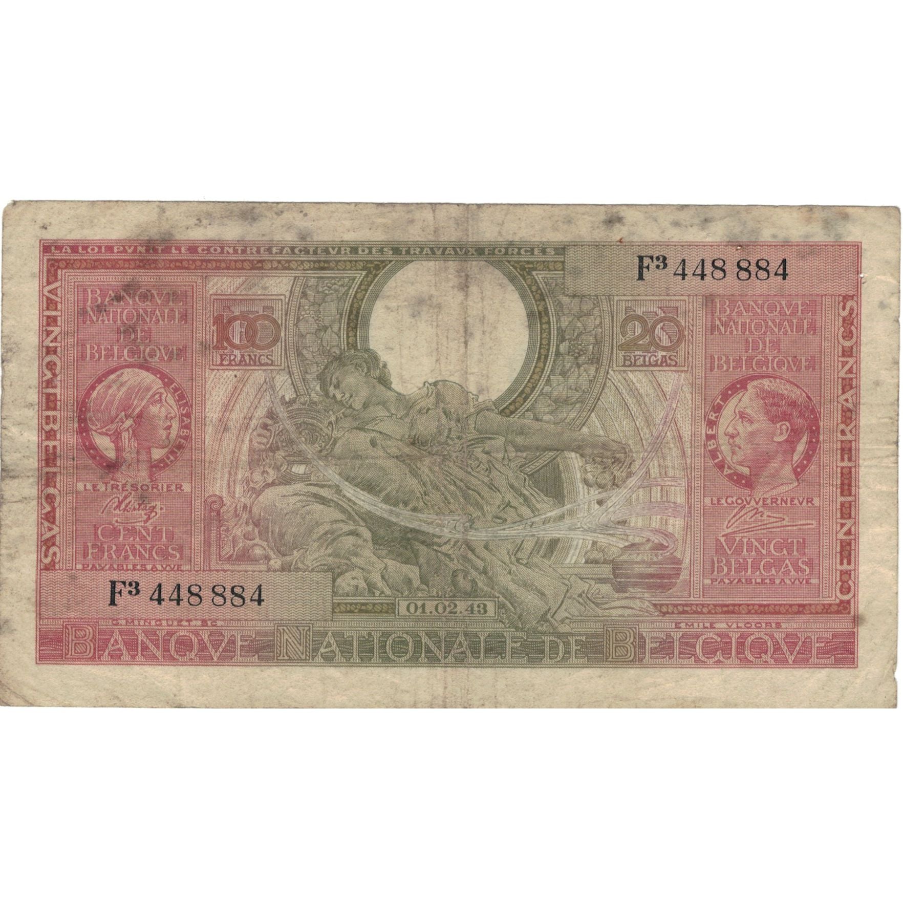 Nota, Bélgica, 100 Francs-20 Belgas, 1943, 1943-02-01, KM:123, VF(20-25)