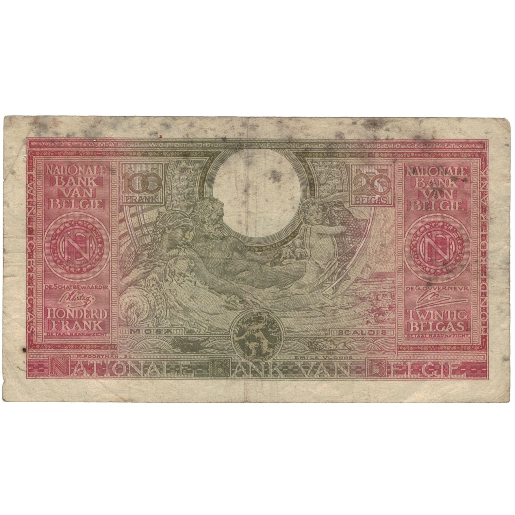 Nota, Bélgica, 100 Francs-20 Belgas, 1943, 1943-02-01, KM:123, VF(20-25)