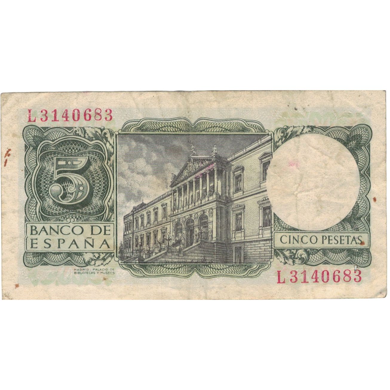 Banconote, Spagna, 5 Pesetas, 1954, KM:146a, 1954-07-22, MB