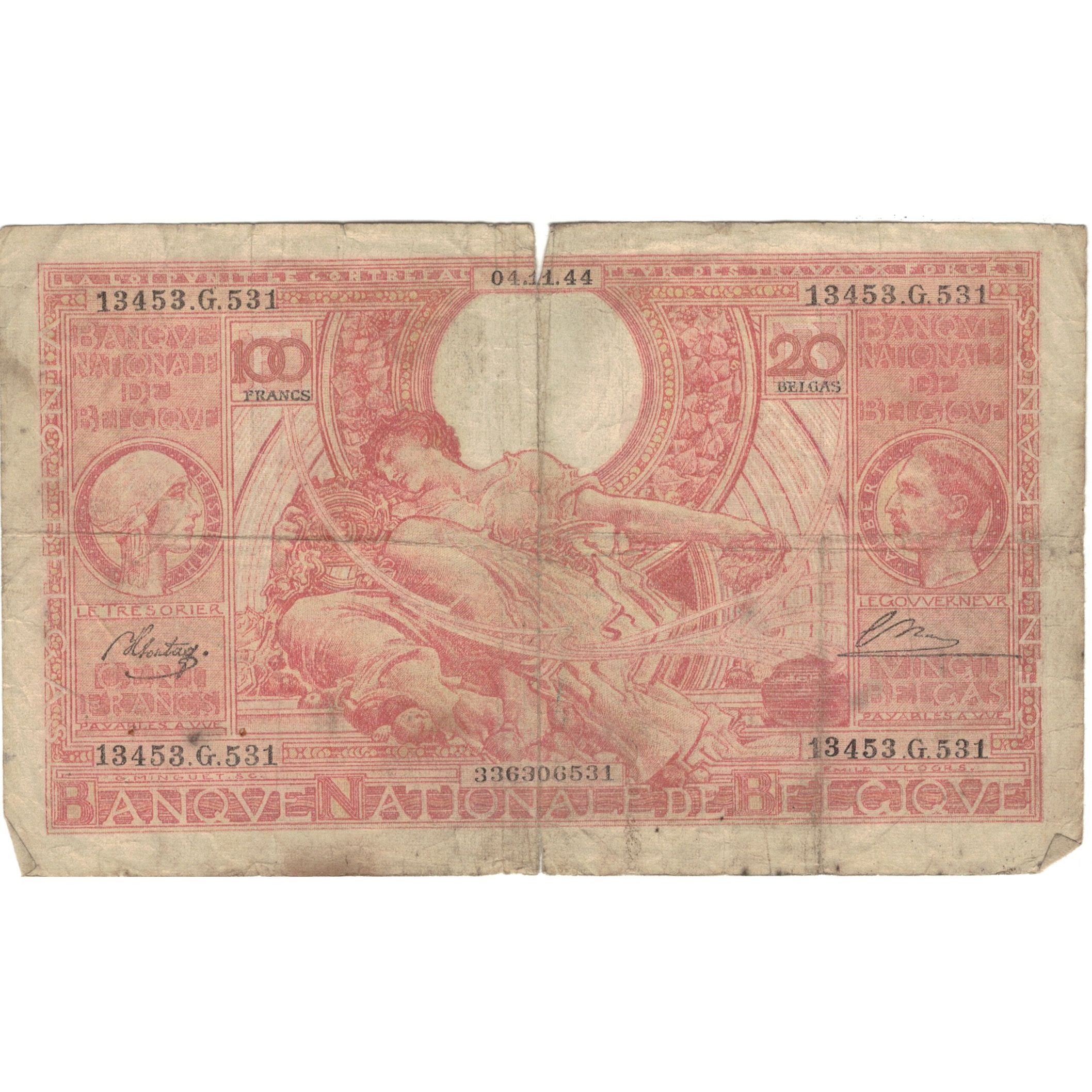 Banknote, Belgium, 100 Francs-20 Belgas, 1944, 1944-11-04, KM:113, VG(8-10)