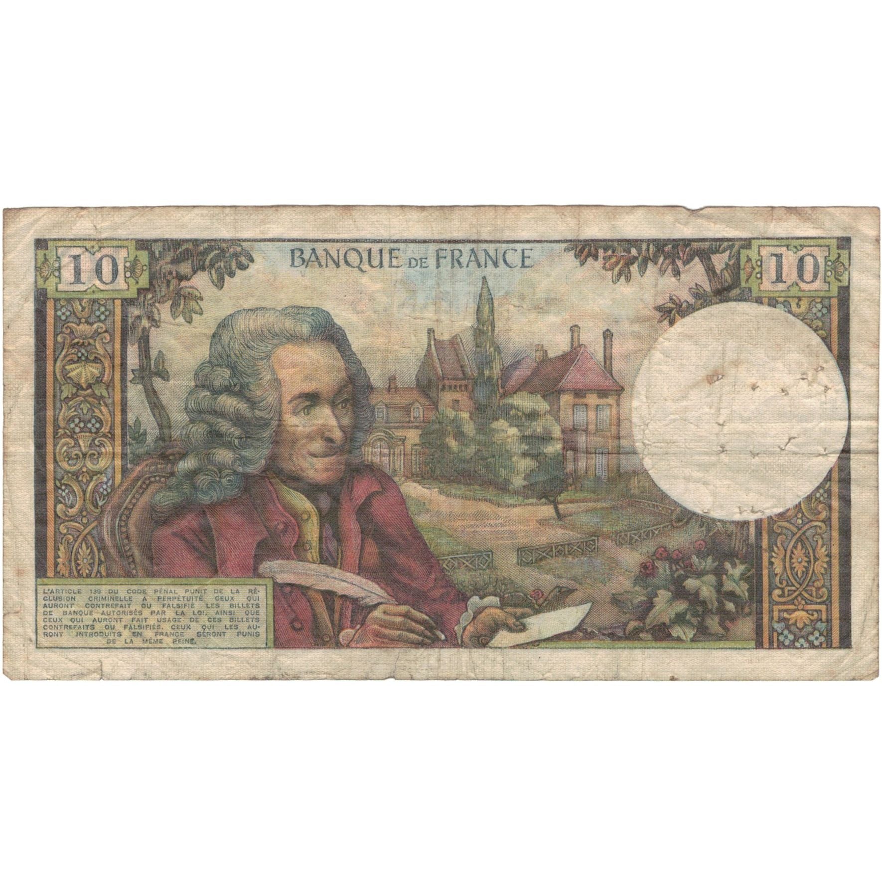 France, 10 Francs, Voltaire, 1971, 98103M.655, VG(8-10), Fayette:62.48, KM:147c
