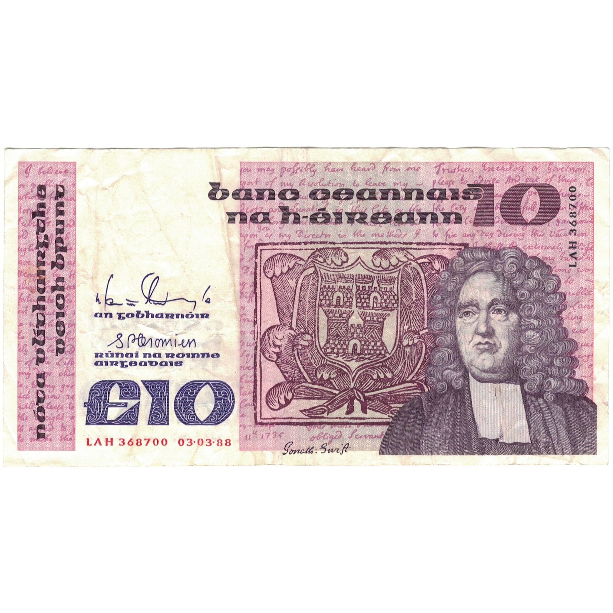 Nota, Irlanda - República, 10 Pounds, 1988, 1988-02-01, KM:72c, EF(40-45)