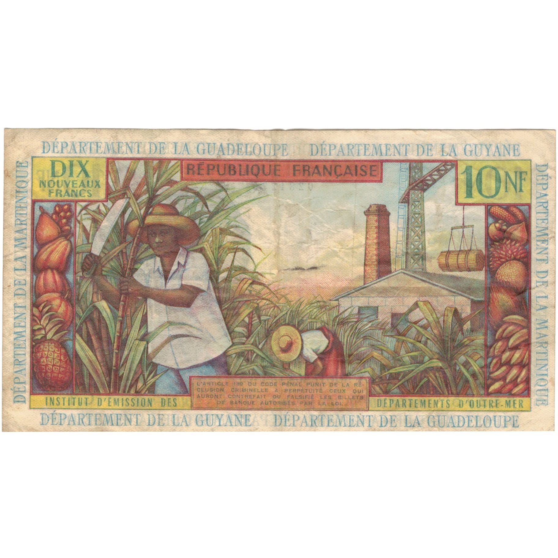 Banconote, Antille francesi, 10 Nouveaux Francs, KM:5a, MB+