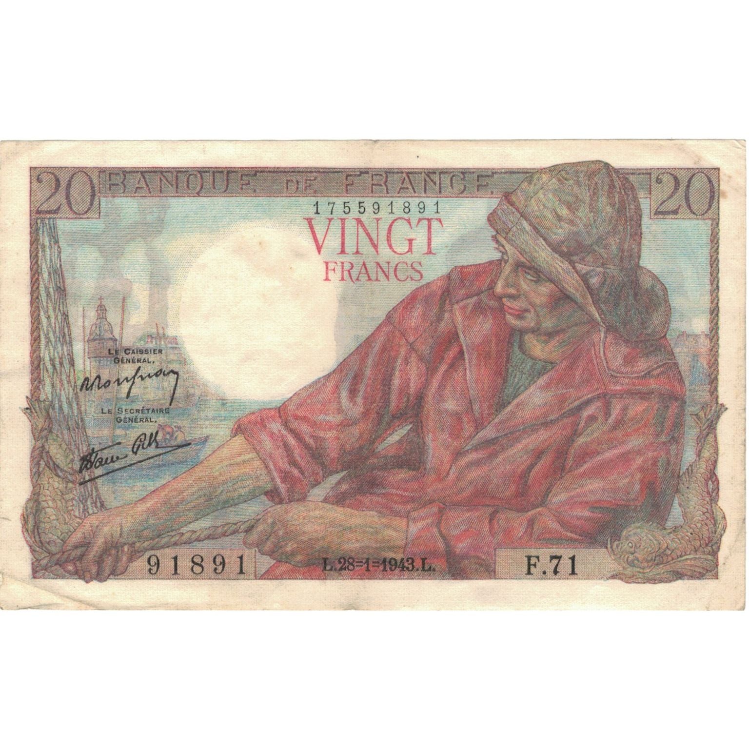 França, 20 Francs, Pêcheur, 1943, 91891 F.71, EF(40-45), Fayette:13.05