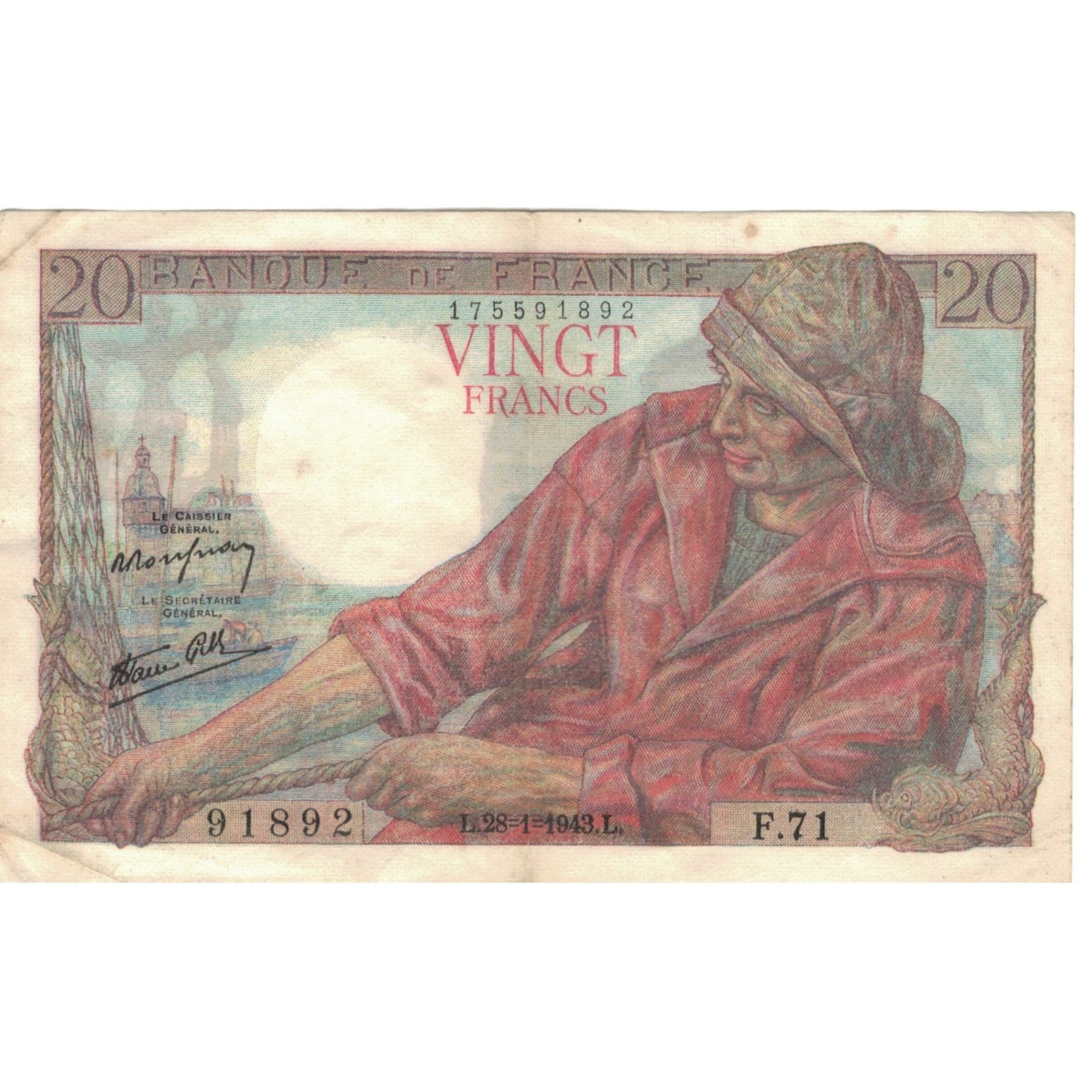 Frankreich, 20 Francs, Pêcheur, 1943, 91892 F.71, SS, Fayette:13.05, KM:100a