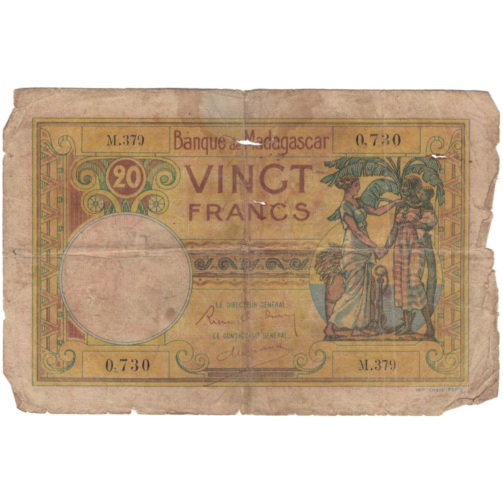 Banknote, Madagascar, 20 Francs, Undated (1937-47), KM:37, VG(8-10)