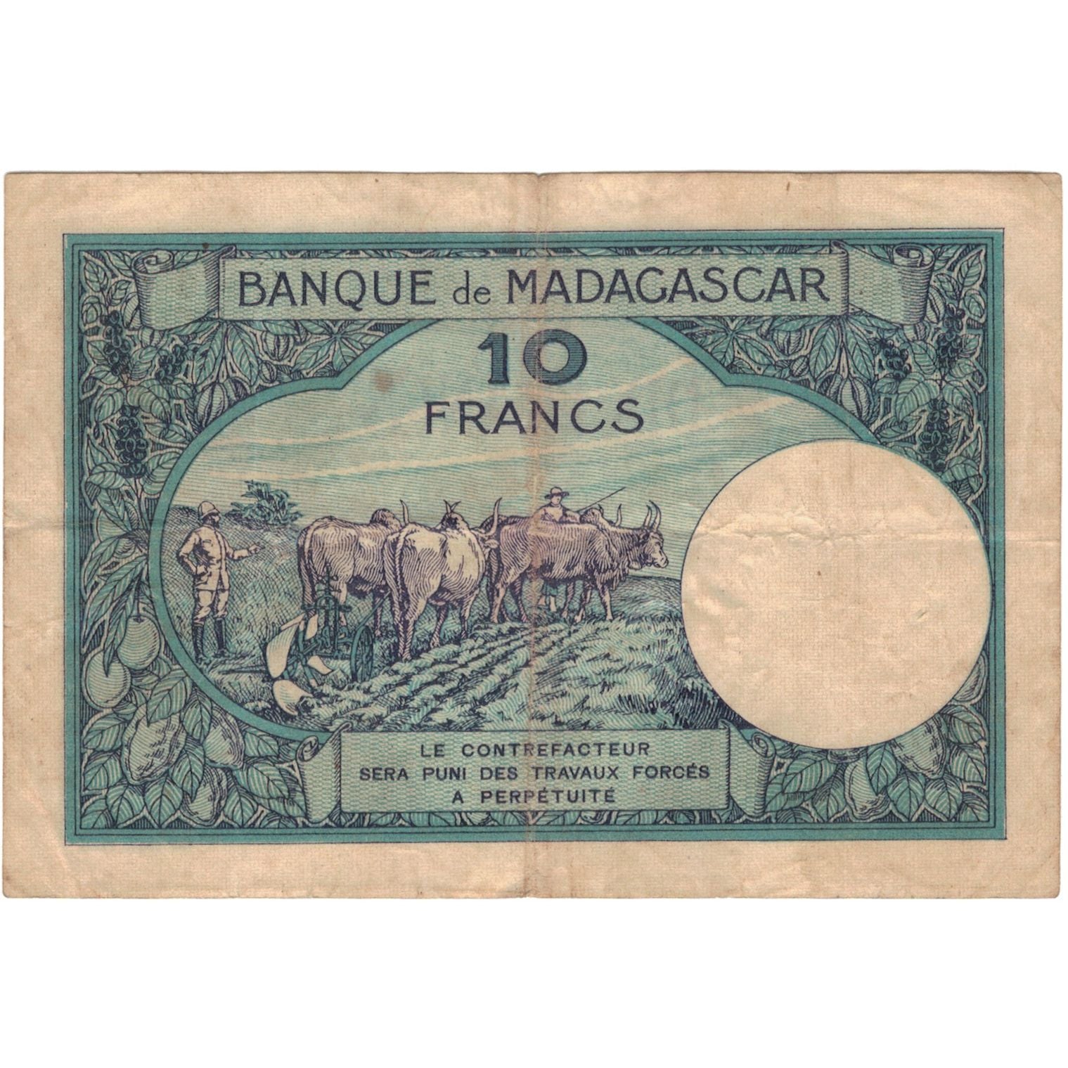 Banconote, Madagascar, 10 Francs, 1937, BB