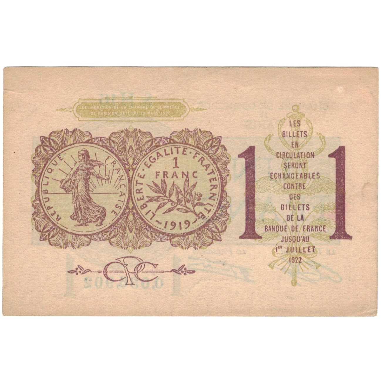 France, Paris, 1 Franc, 1922, TTB