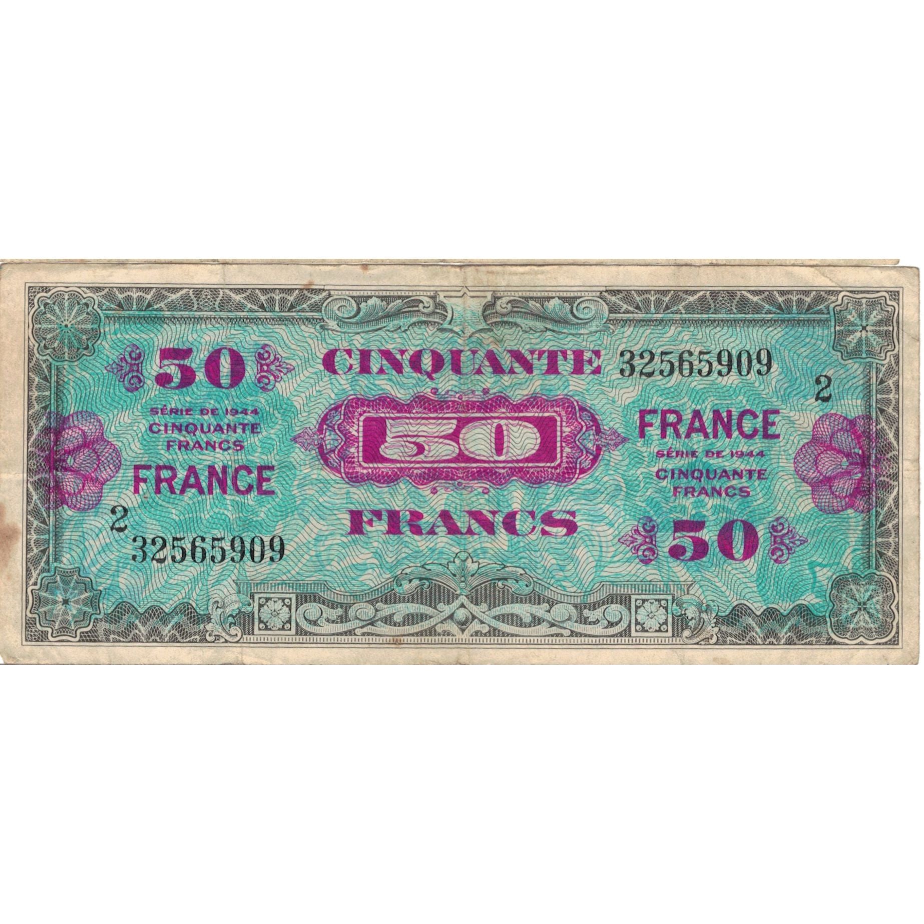 Francja, 50 Francs, Flag/France, 1944, 01629525, VF(20-25), Fayette:VF24.02