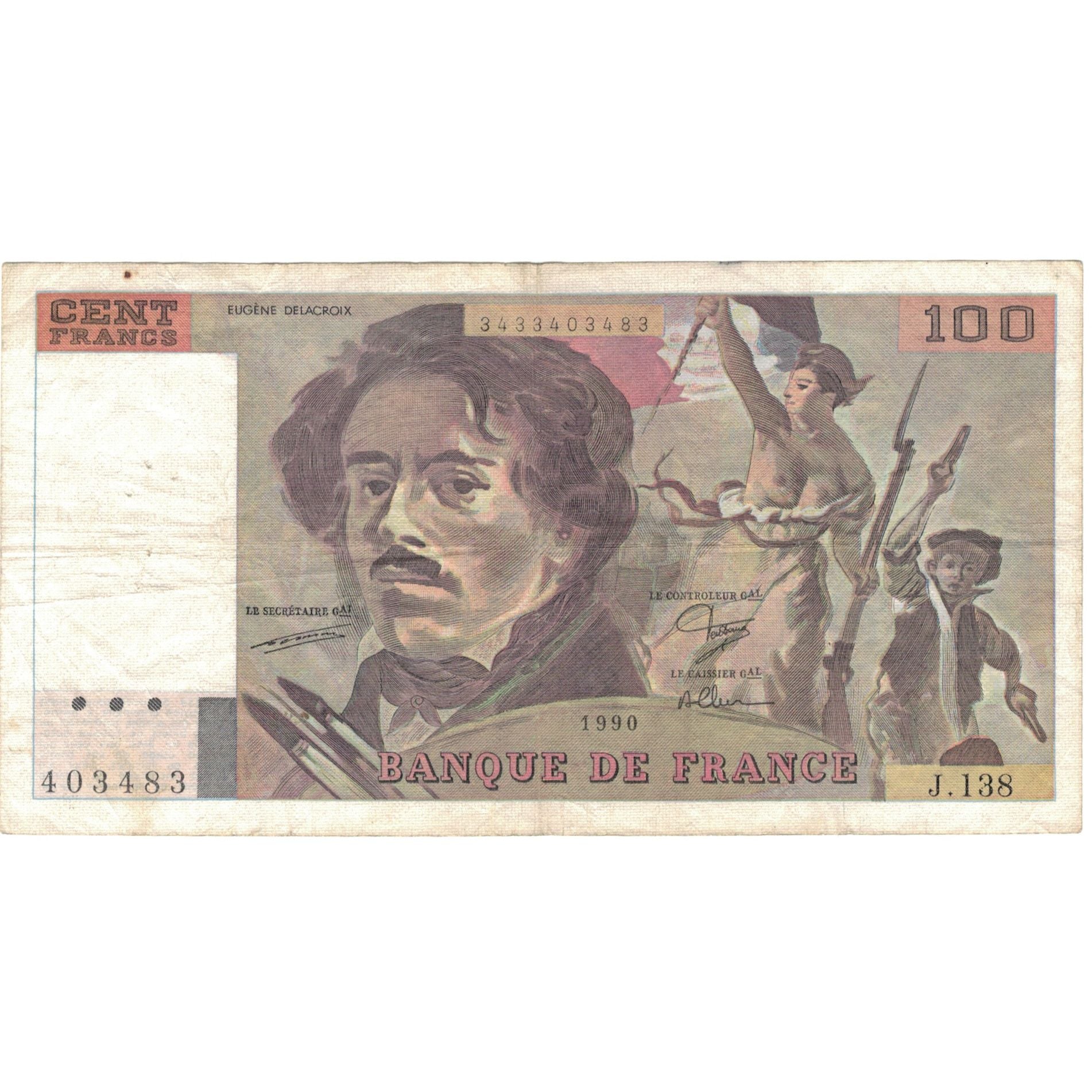 França, 100 Francs, Delacroix, 1990, J.138, EF(40-45), Fayette:69 bis 1a)