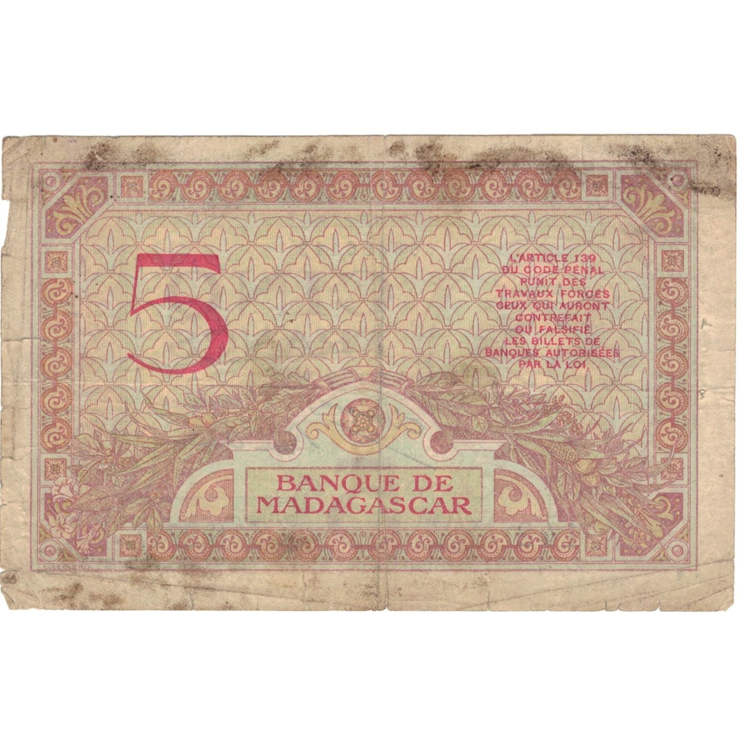 Banknote, Madagascar, 5 Francs, Undated (1937), KM:35, VF(20-25)