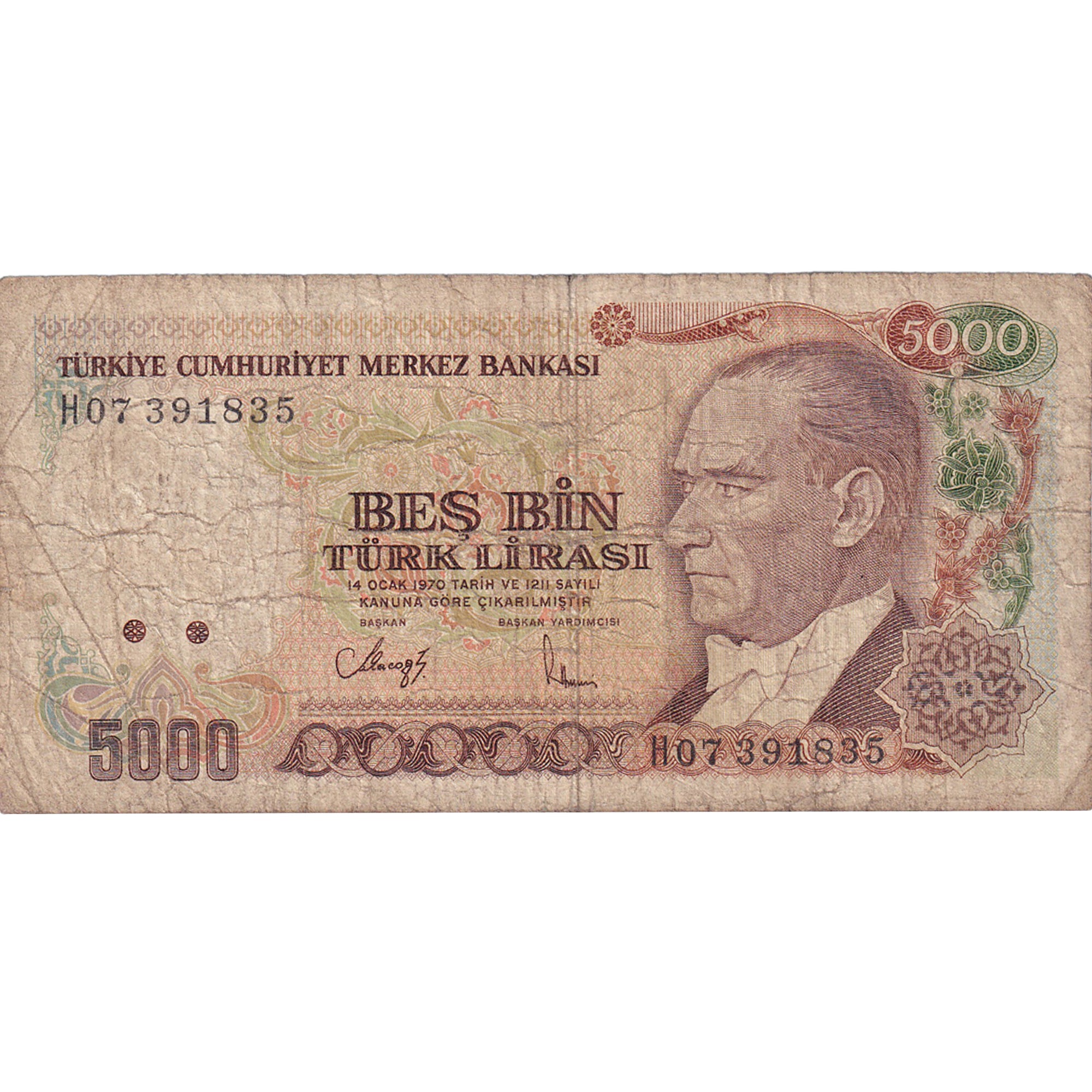 Banknote, Turkey, 5000 Lira, L.1970, KM:198, VG(8-10)