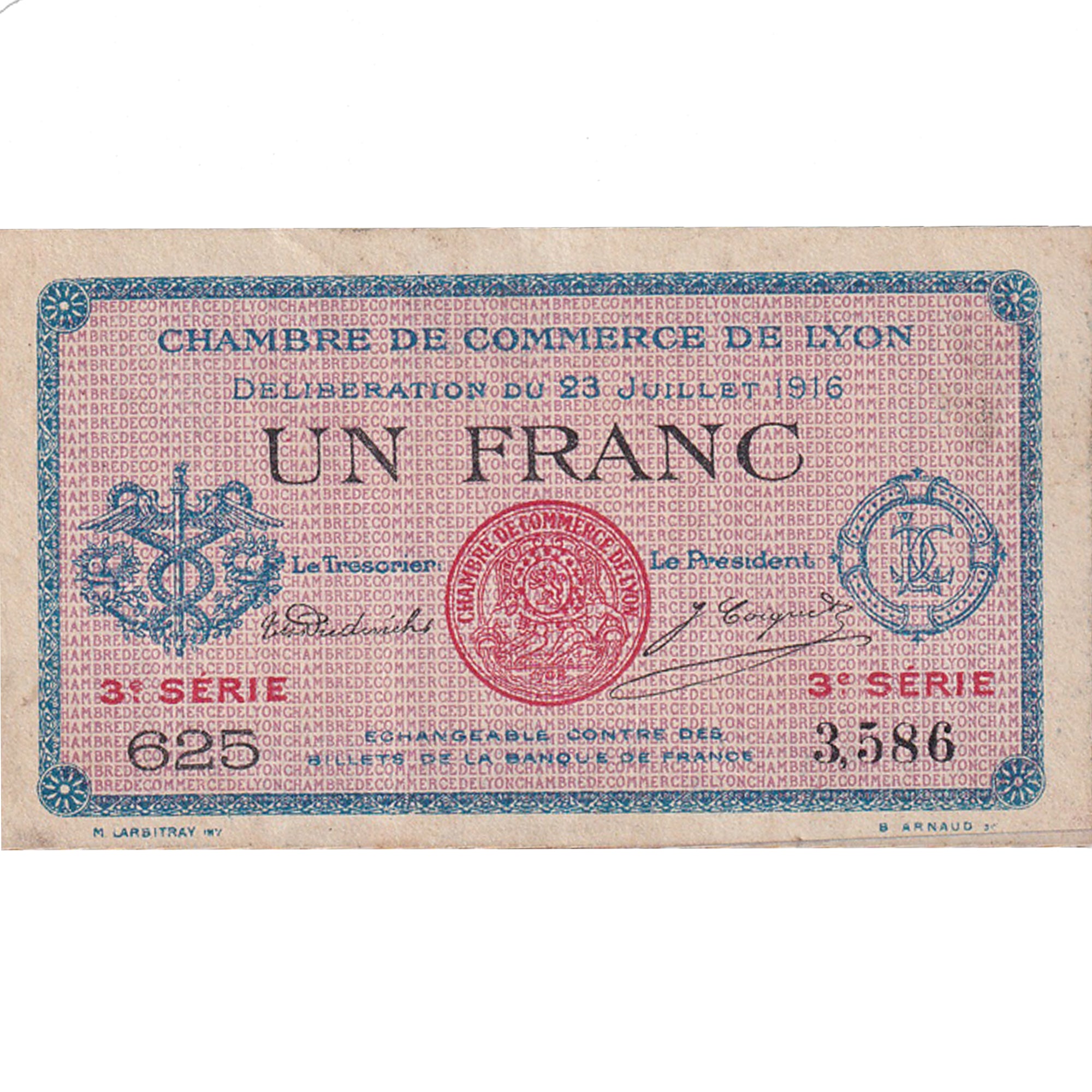 Banknote, Pirot:77-10, 1 Franc, 1916, France, Lyon, EF(40-45), Lyon