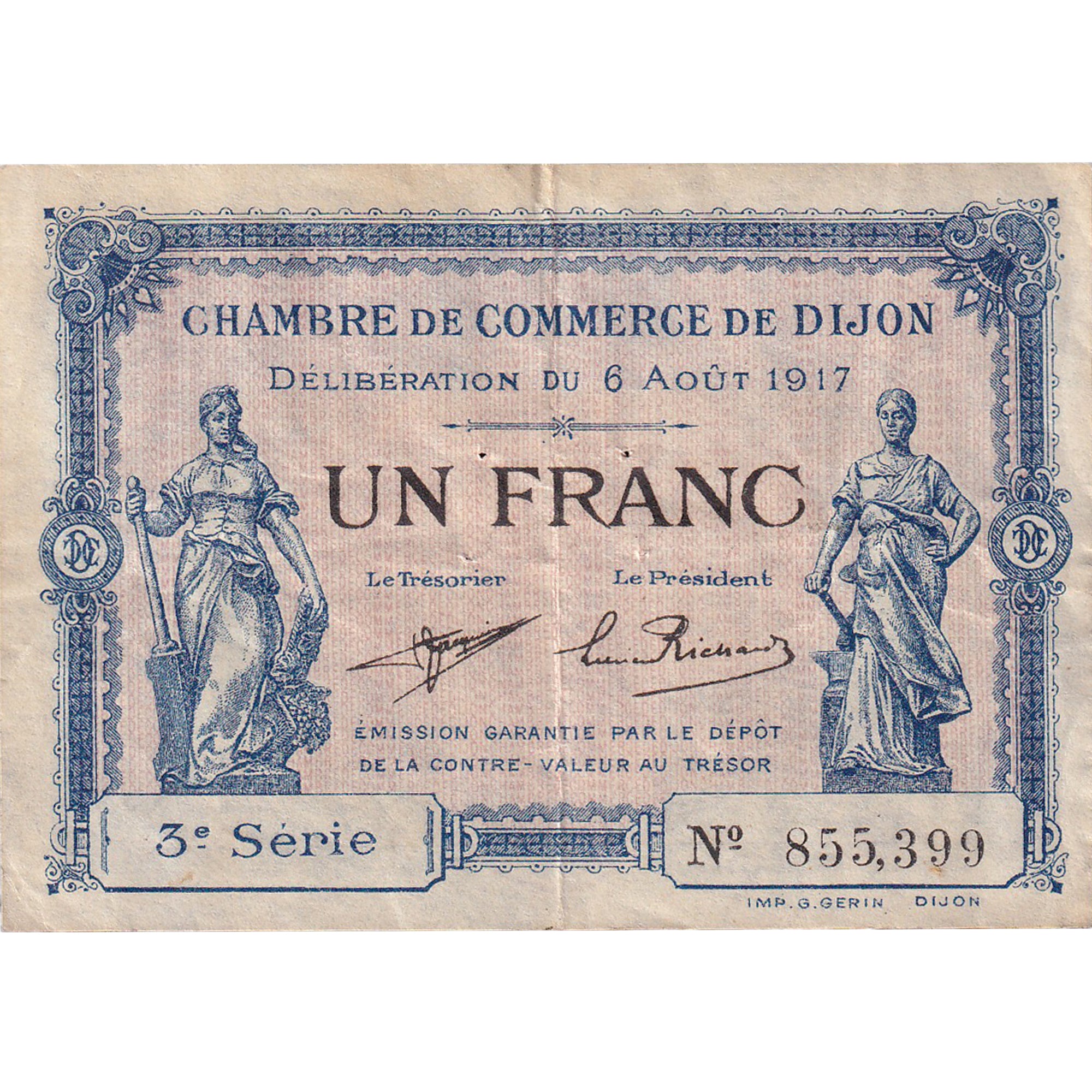 France, Dijon, 1 Franc, 1917, VF(30-35), Pirot:53-14