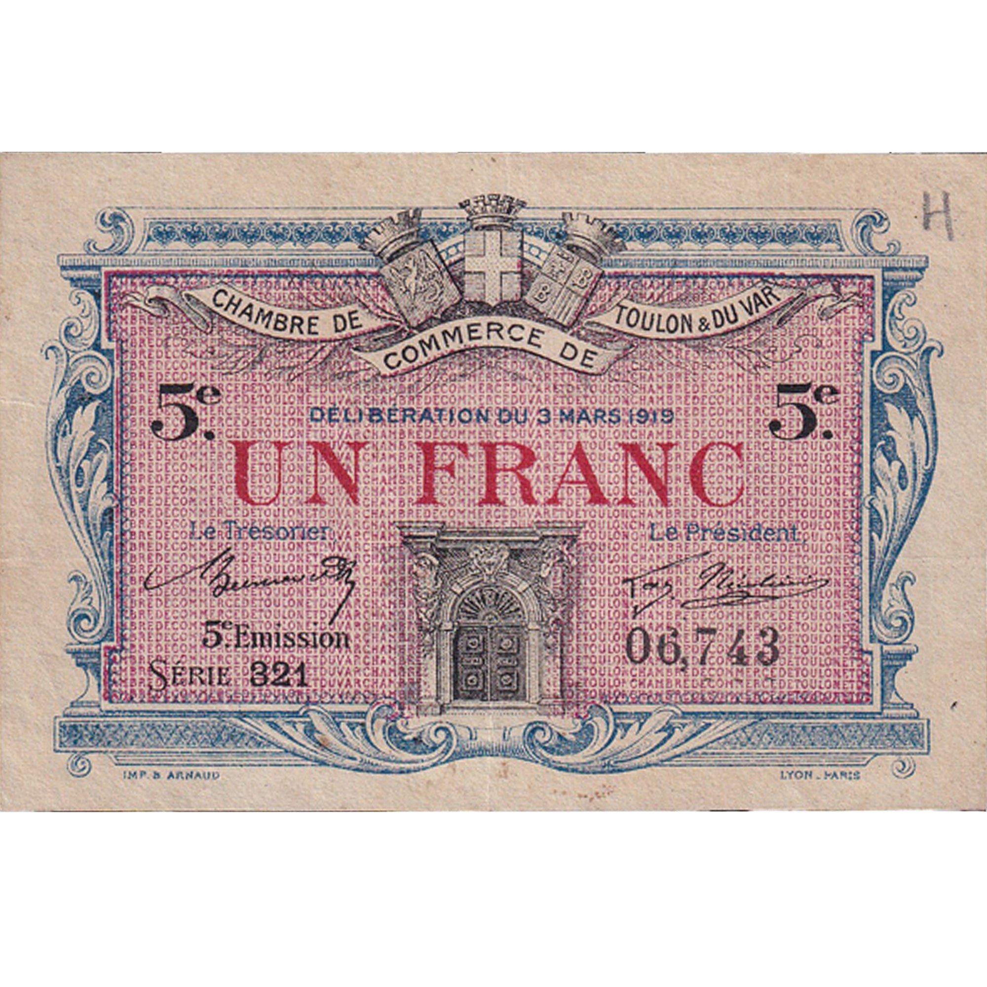 France, 1 Franc, Toulon,1917, 321 06743, AU(50-53)