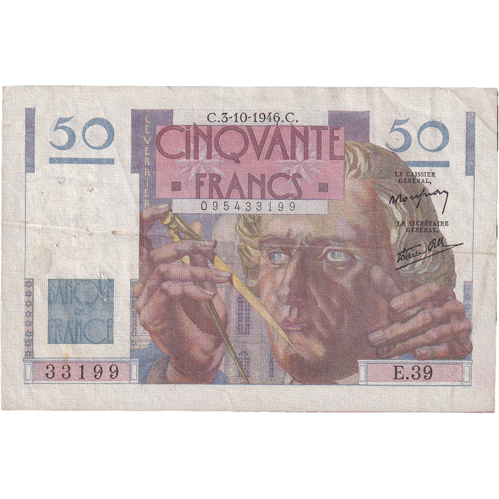 França, 50 Francs, Le Verrier, 1946, 331199 E.39, EF(40-45), Fayette:20.06