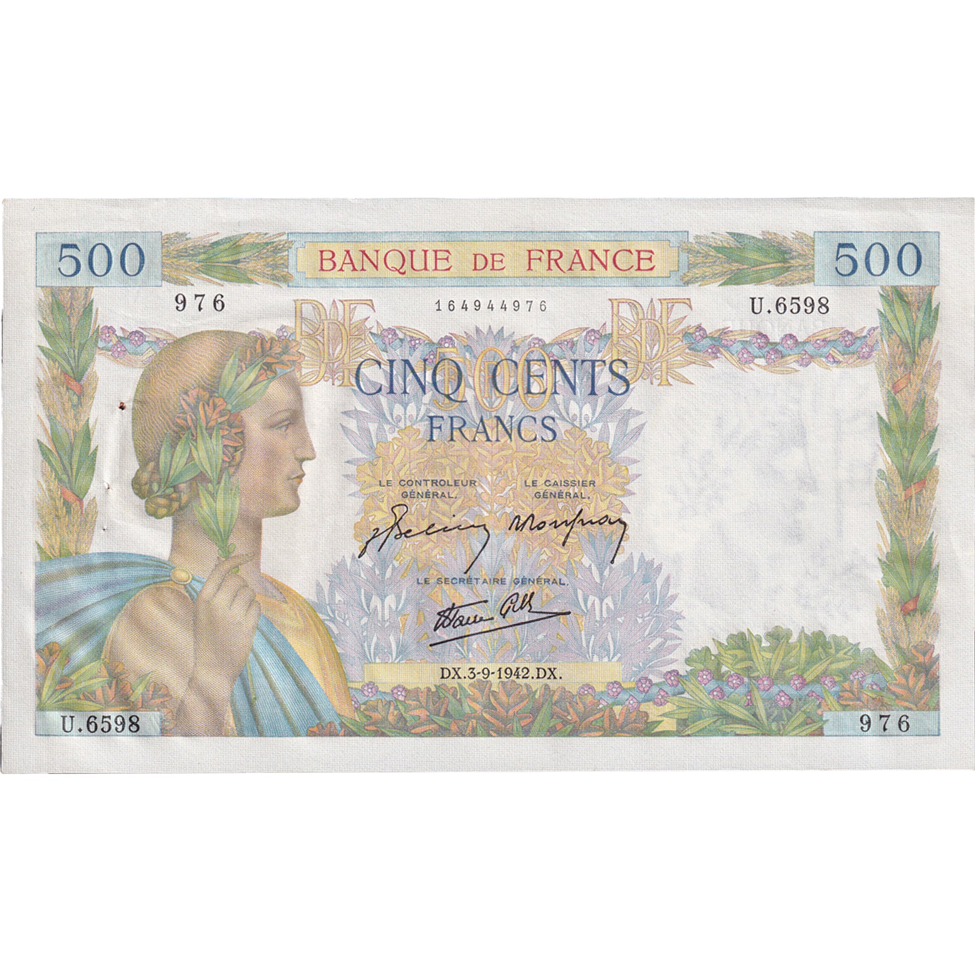 France, 500 Francs, La Paix, 1942, U.6598 976, SUP, Fayette:32.39, KM:95b