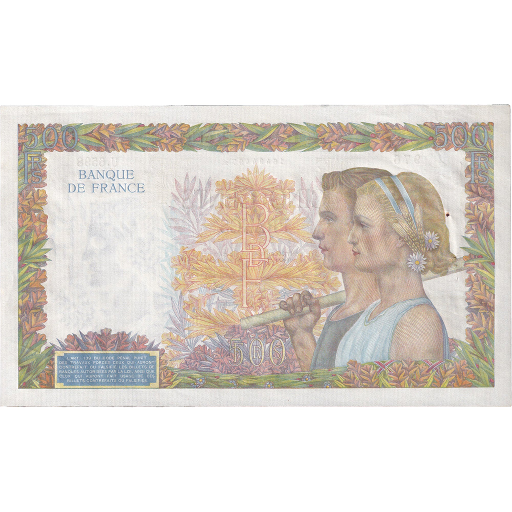 France, 500 Francs, La Paix, 1942, U.6598 976, SUP, Fayette:32.39, KM:95b