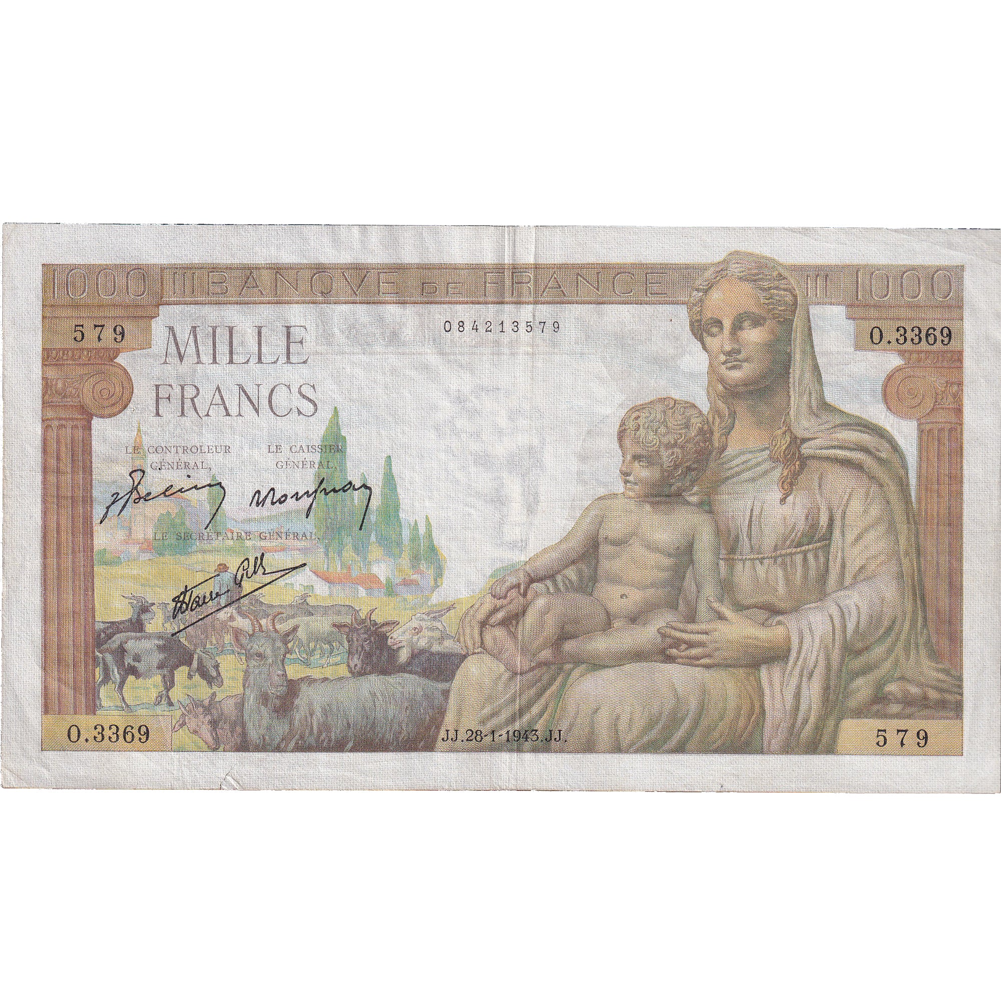 Frankreich, 1000 Francs, Déesse Déméter, 1943, O.3369 579, VZ, Fayette:40.17