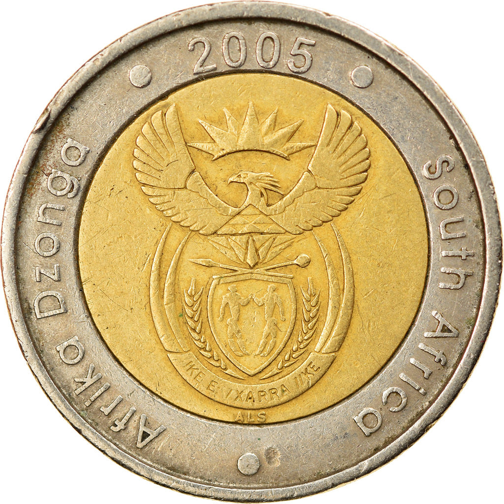 Moneda, Sudáfrica, 5 Rand, 2005, Pretoria, MBC, Bimetálico, KM:297