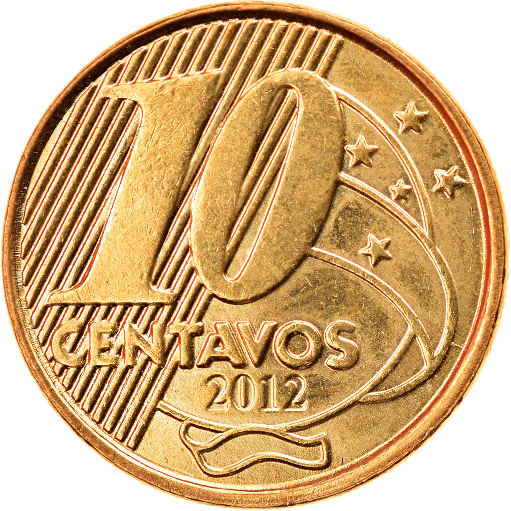 Moneta, Brazylia, 10 Centavos, 2012, AU(55-58), Brąz platerowany stalą