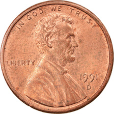 Coin, United States, Lincoln Cent, Cent, 1991, U.S. Mint, Denver, AU(55-58)