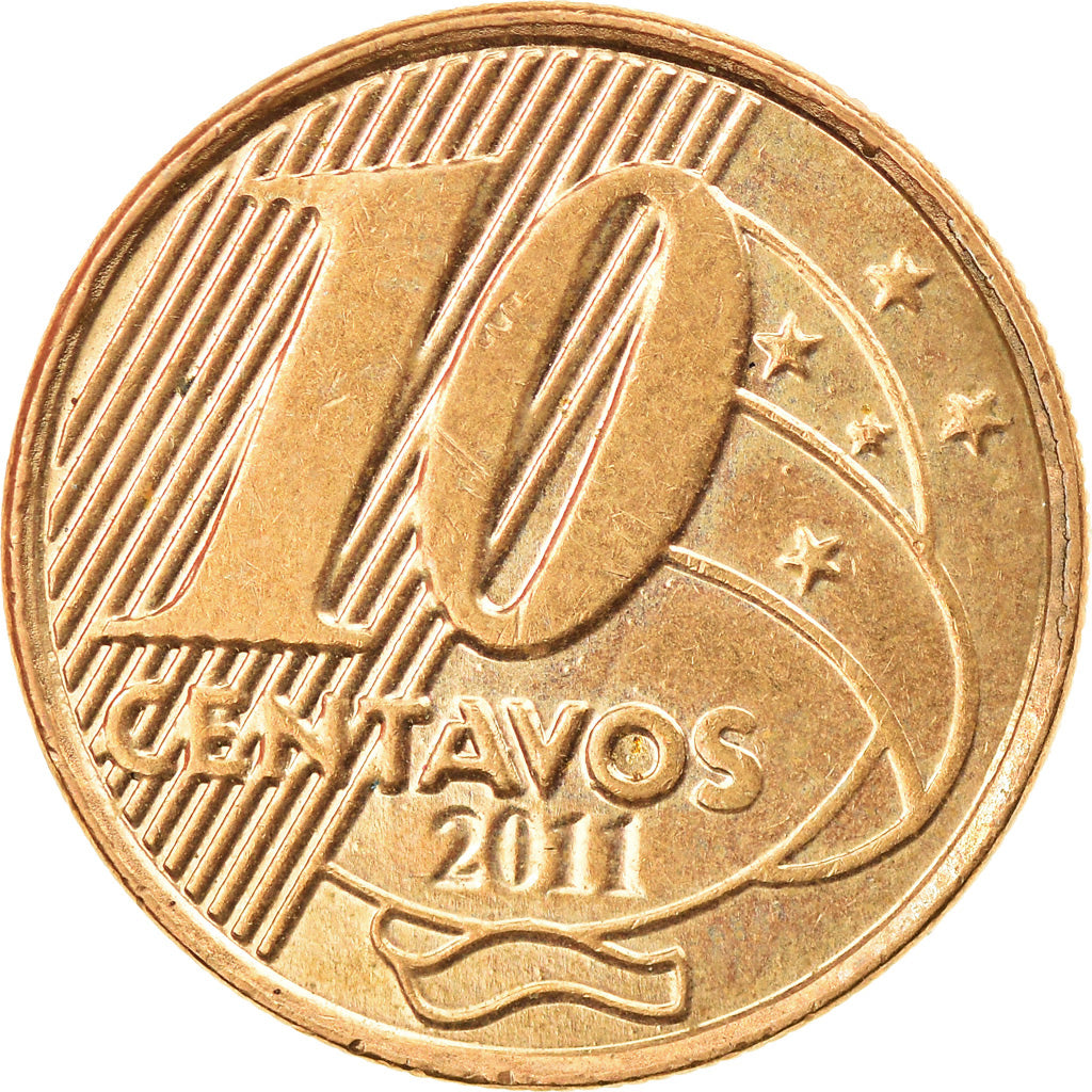 Moeda, Brasil, 10 Centavos, 2011, AU(55-58), Aço Cromado a Bronze, KM:649.2