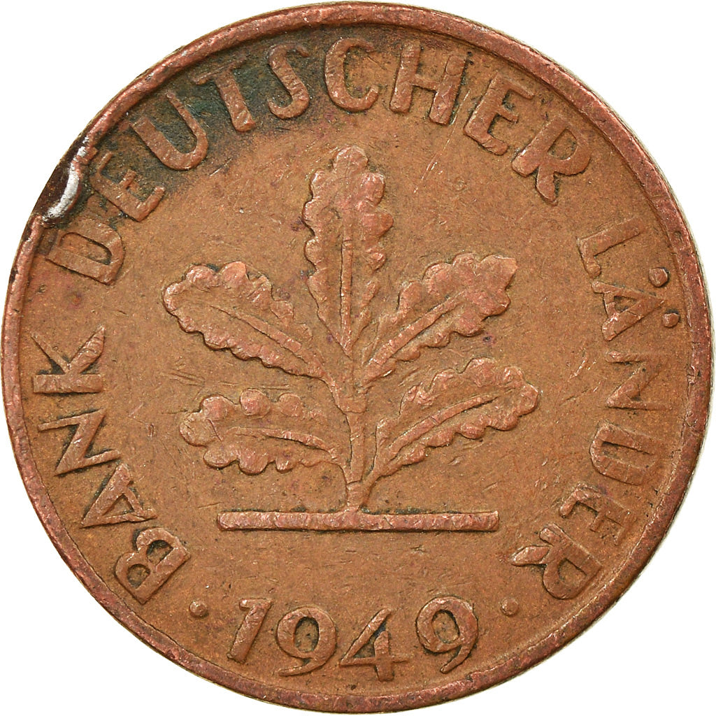 Moneta, GERMANIA - REPUBBLICA FEDERALE, Pfennig, 1949, Karlsruhe, BB, Acciaio