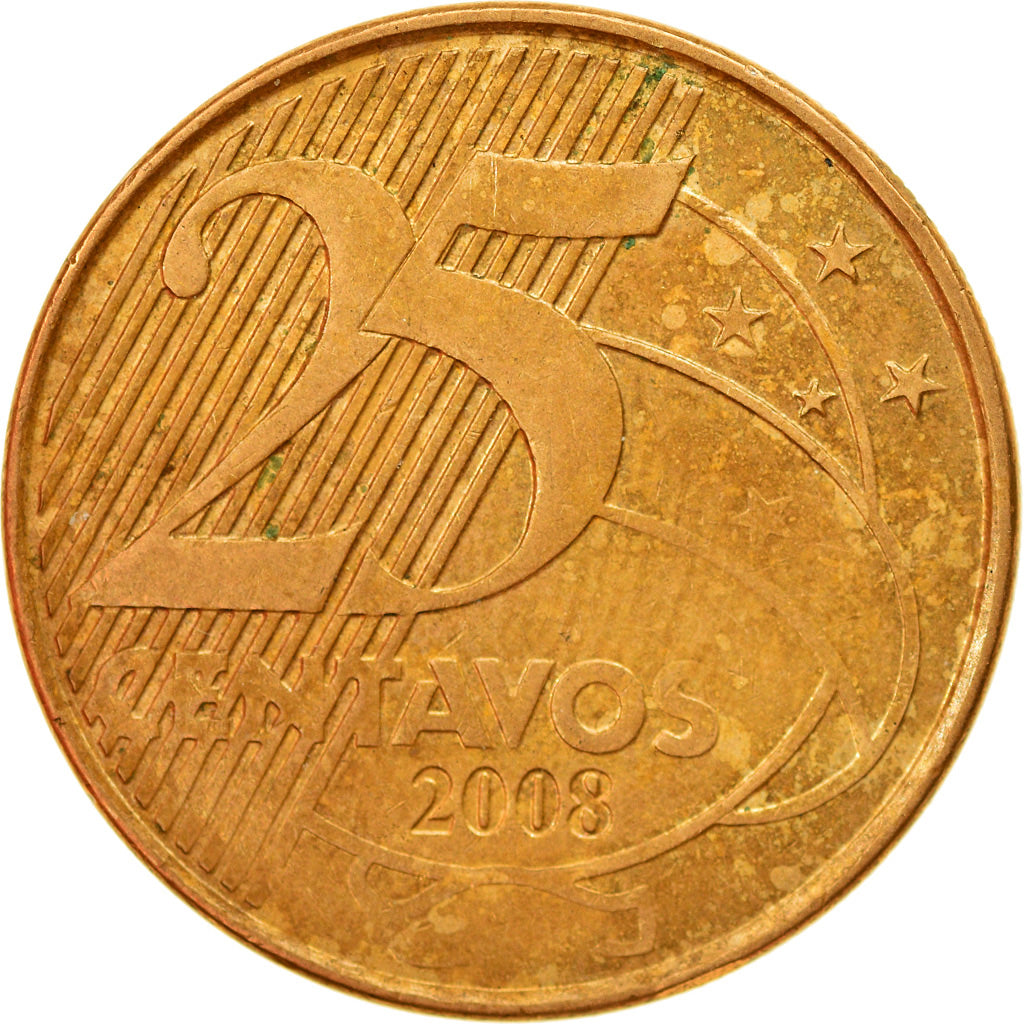 Moneda, Brasil, 25 Centavos, 2008, MBC, Bronce chapado en acero, KM:650