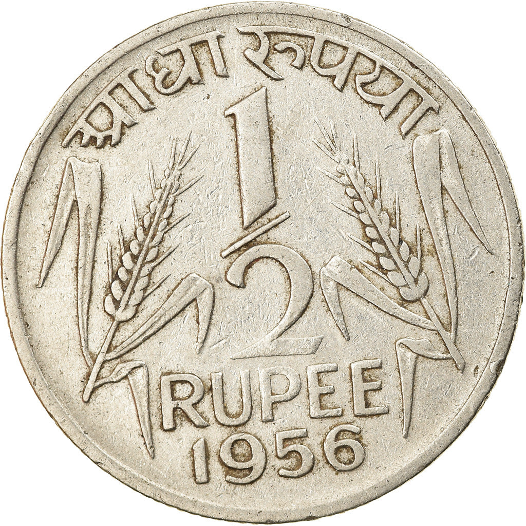 Moeda, ÍNDIA - REPÚBLICA, 1/2 Rupee, 1956, Calcutta, EF(40-45), Níquel