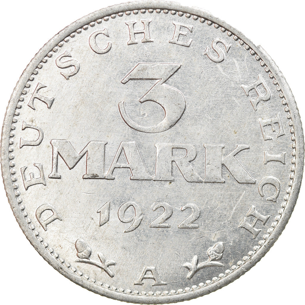 Moeda, ALEMANHA, REPÚBLICA DE WEIMAR, 3 Mark, 1922, Berlin, AU(55-58)