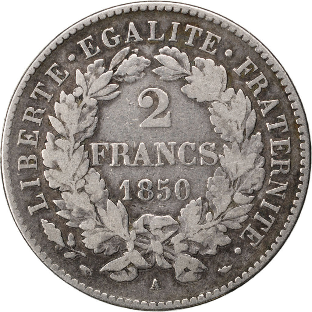 FRANCE, Cérès, 2 Francs, 1850, Paris, KM #760.1, VF(20-25), Silver, Gadoury #522