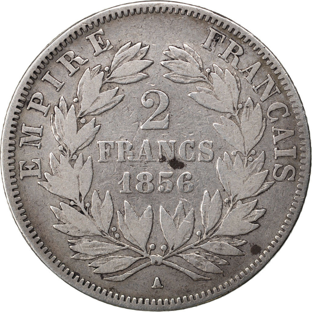 Moneda, Francia, Napoleon III, Napoléon III, 2 Francs, 1856, Paris, BC+, Plata