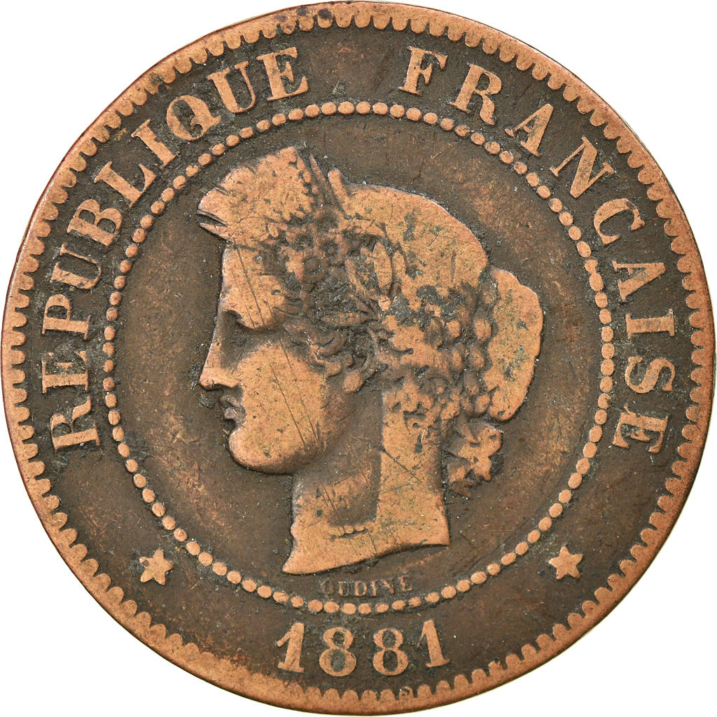 Moneta, Francia, Cérès, 5 Centimes, 1881, Paris, MB+, Bronzo, KM:821.1
