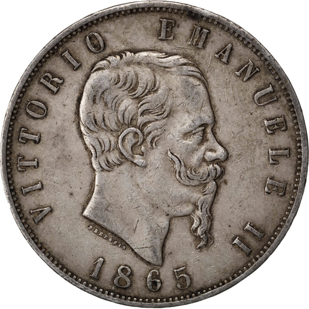 ITALY, 5 Lire, 1865, Naples, KM #8.2, EF(40-45), Silver, 24.90