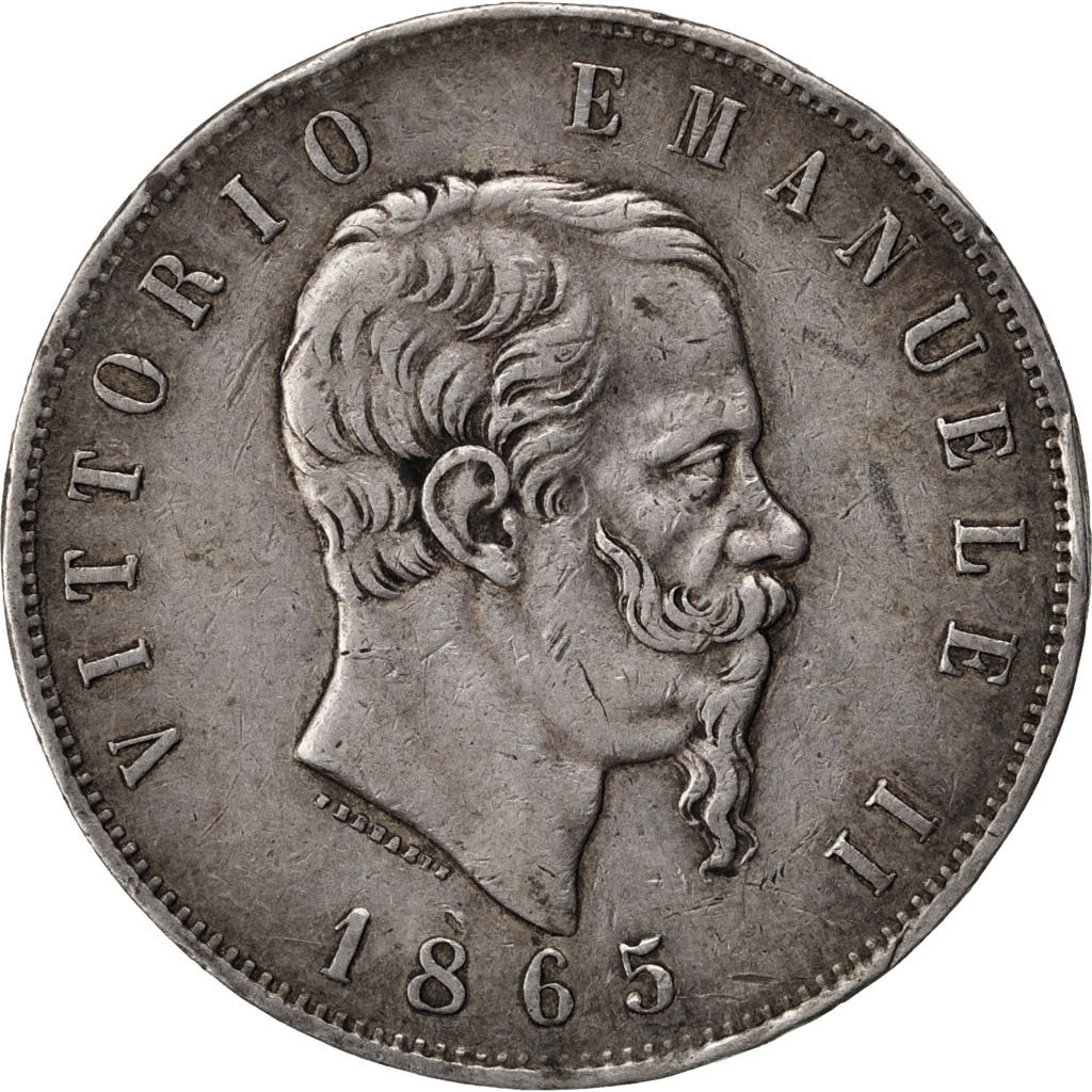 ITALY, 5 Lire, 1865, Torino, KM #8.1, VF(30-35), Silver, 24.90
