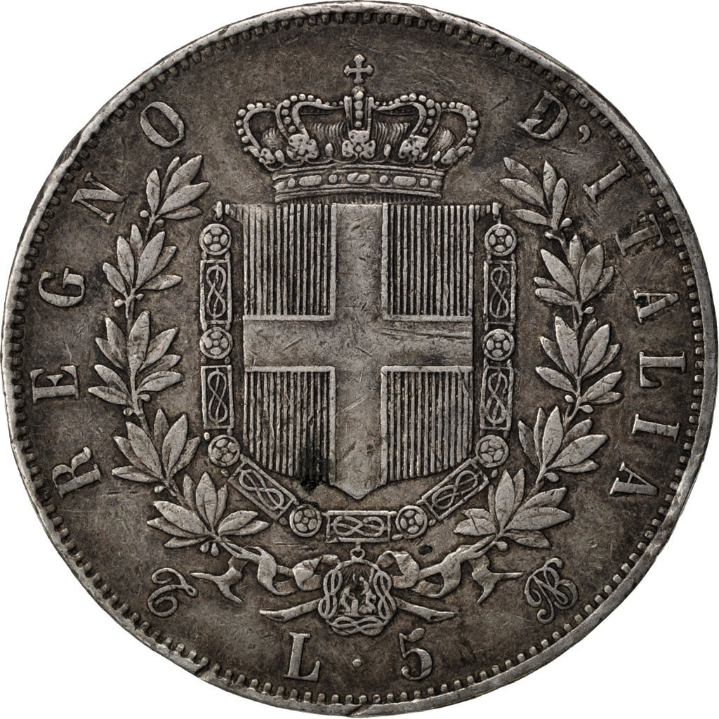 ITALY, 5 Lire, 1865, Torino, KM #8.1, VF(30-35), Silver, 24.90