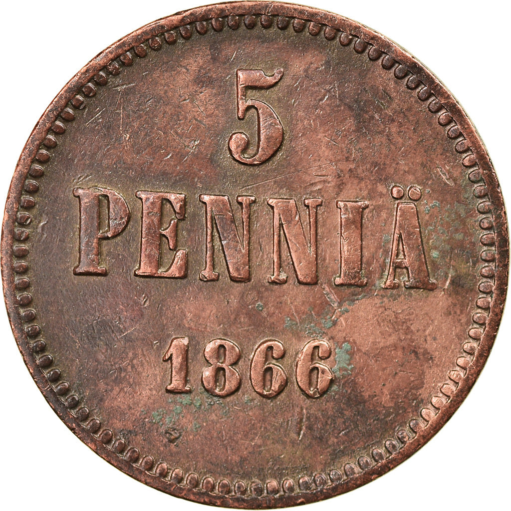 Moneta, Finlandia, Alexander II, 5 Pennia, 1866, EF(40-45), Miedź, KM:4.1