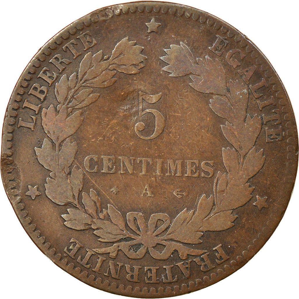 Munten, Frankrijk, Cérès, 5 Centimes, 1877, Paris, FR, Bronze, KM:821.1