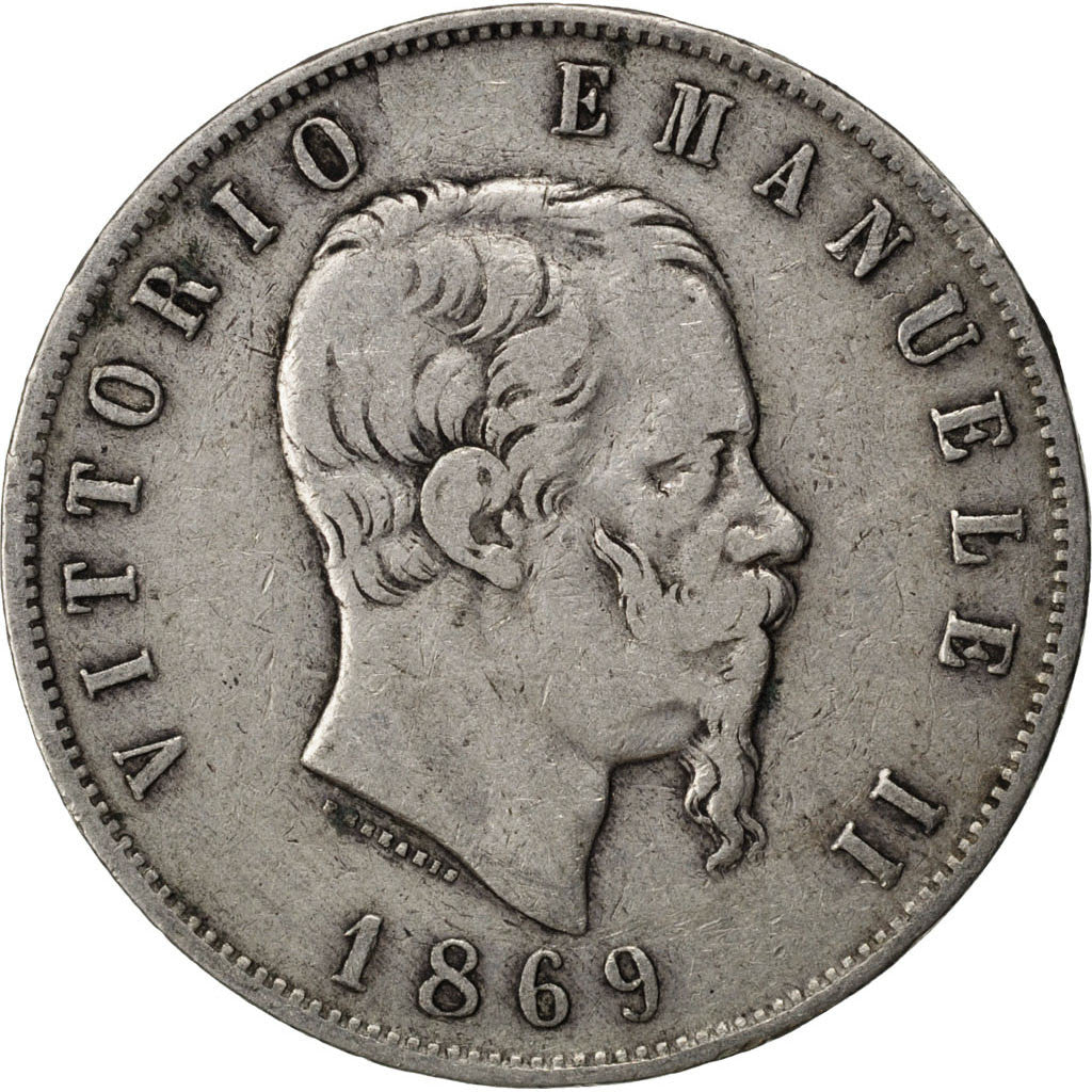 ITALY, 5 Lire, 1869, Milan, KM #8.3, VF(20-25), Silver, 24.75
