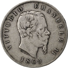 ITALY, 5 Lire, 1869, Milan, KM #8.3, VF(20-25), Silver, 24.75