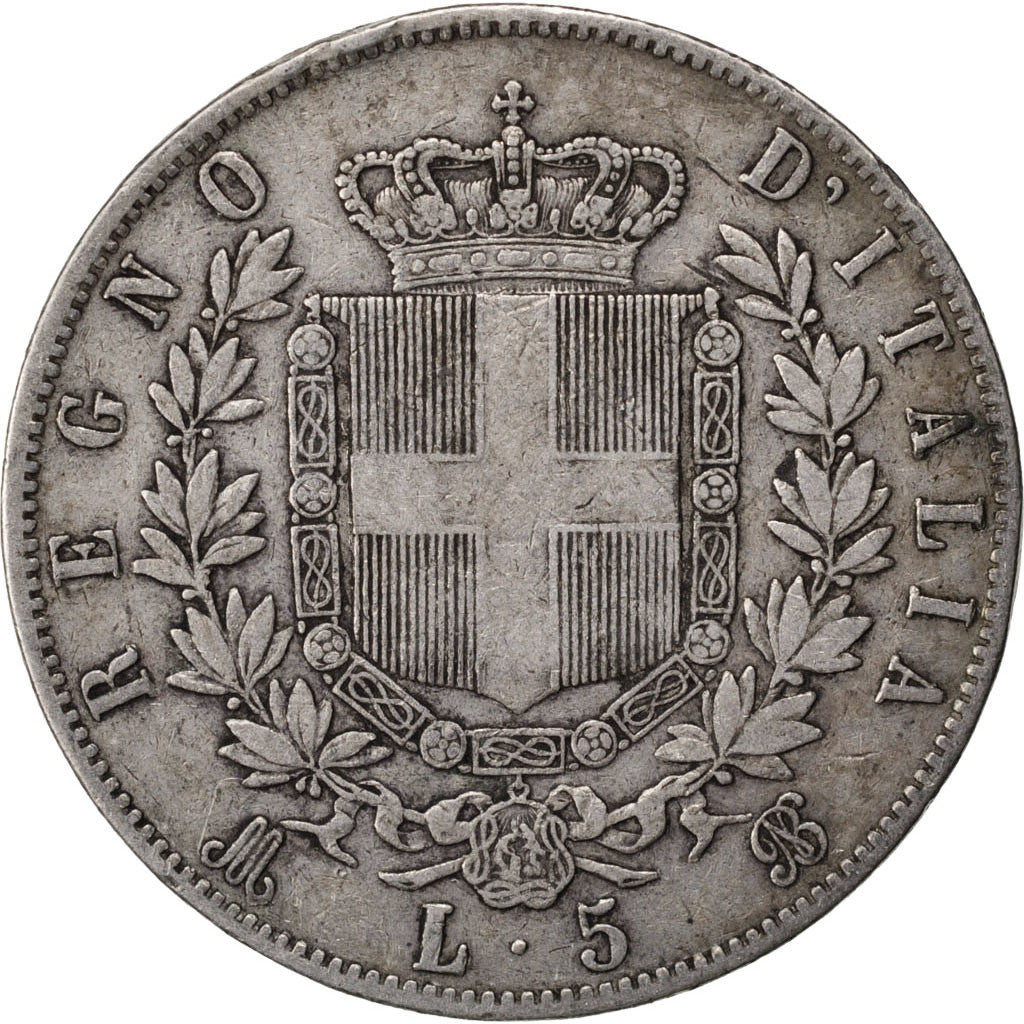 ITALY, 5 Lire, 1869, Milan, KM #8.3, VF(20-25), Silver, 24.75