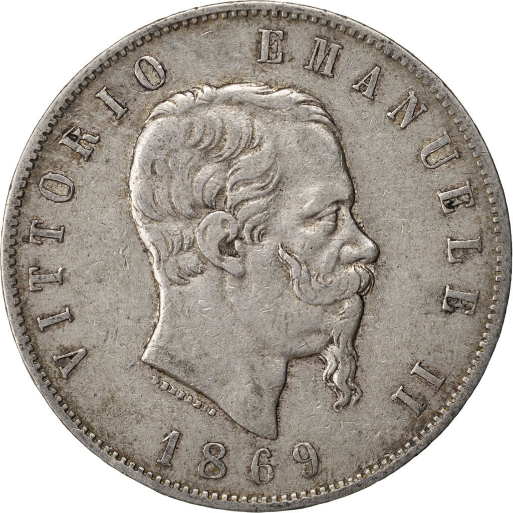 ITALY, 5 Lire, 1869, Milan, KM #8.3, VF(30-35), Silver, 24.80