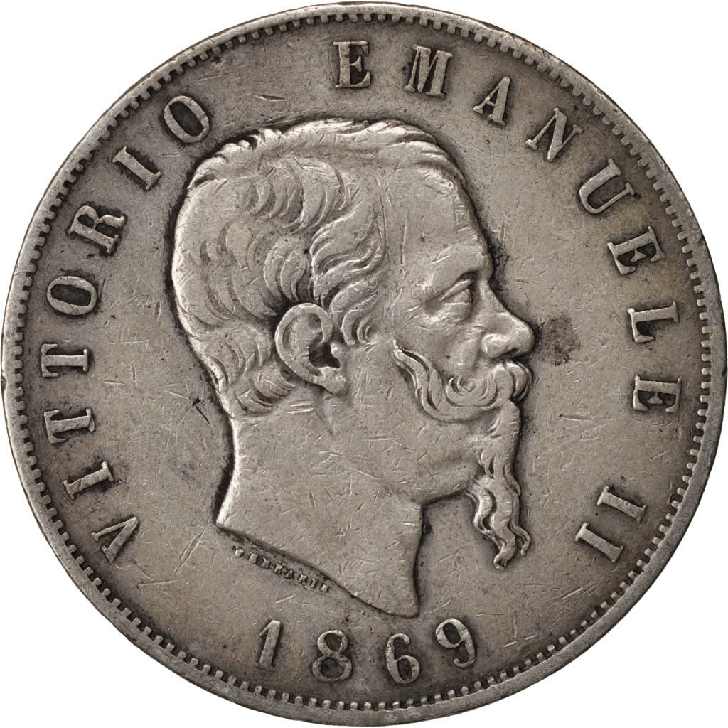 Coin, Italy, Vittorio Emanuele II, 5 Lire, 1869, Milan, EF(40-45), Silver
