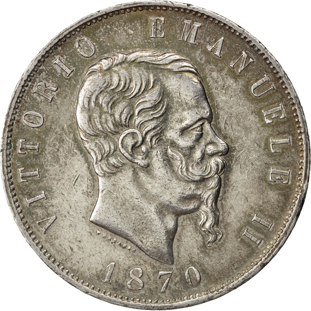 Coin, Italy, Vittorio Emanuele II, 5 Lire, 1870, Milan, AU(50-53), Silver