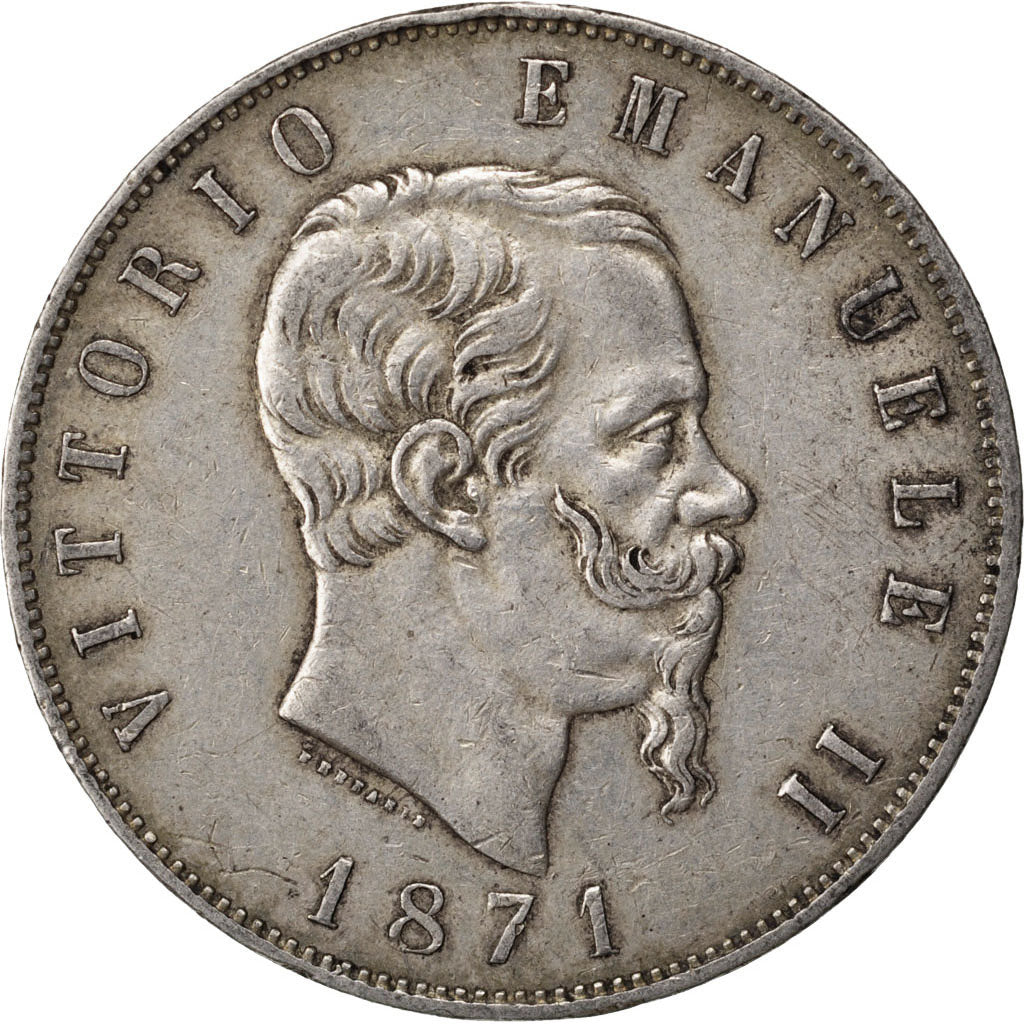 ITALY, 5 Lire, 1871, Milan, KM #8.3, EF(40-45), Silver, 24.90