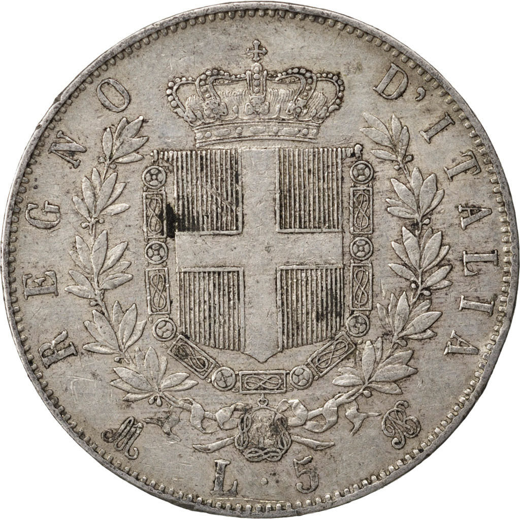 ITALY, 5 Lire, 1871, Milan, KM #8.3, EF(40-45), Silver, 25.02