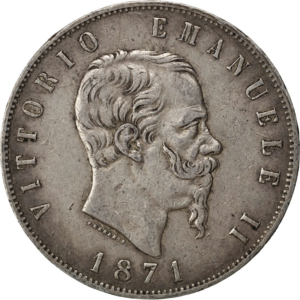 ITALY, 5 Lire, 1871, Milan, KM #8.3, VF(30-35), Silver, 25.00