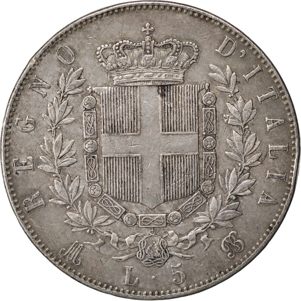 ITALY, 5 Lire, 1872, Milan, KM #8.3, VF(30-35), Silver, 24.80